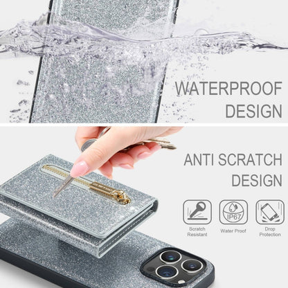 For iPhone 15 Pro DG.MING M3 Series Glitter Powder Card Bag Leather Phone Case(Silver) - iPhone 15 Pro Cases by DG.MING | Online Shopping UK | buy2fix