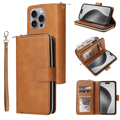 For iPhone 16 Pro Max 9 Card Slots Zipper Wallet Bag Leather Phone Case(Brown) - iPhone 16 Pro Max Cases by buy2fix | Online Shopping UK | buy2fix