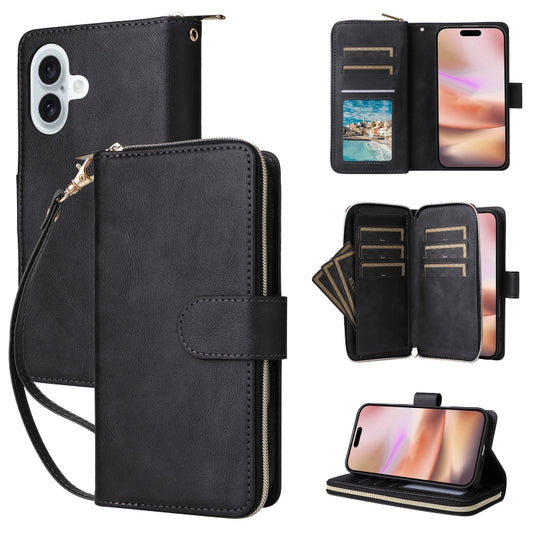 For iPhone 16 Plus 9 Card Slots Zipper Wallet Bag Leather Phone Case(Black) - iPhone 16 Plus Cases by buy2fix | Online Shopping UK | buy2fix