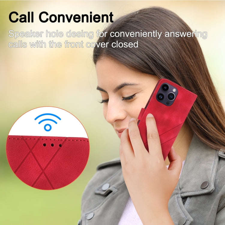 For iPhone 16 Pro Embossed Line Leather Phone Case with Lanyard(Red) - iPhone 16 Pro Cases by buy2fix | Online Shopping UK | buy2fix