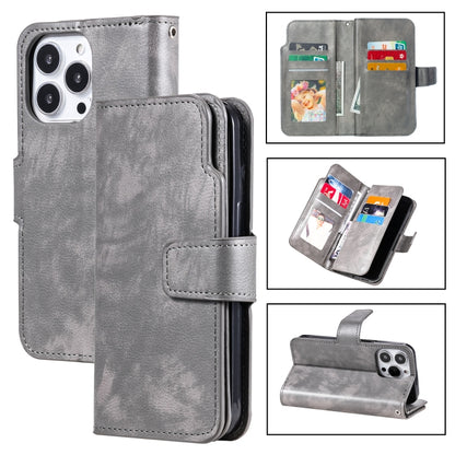 For iPhone 16 Pro Max Tri-Fold 9-Card Wallets Leather Phone Case(Grey) - iPhone 16 Pro Max Cases by buy2fix | Online Shopping UK | buy2fix