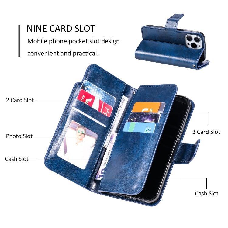 For iPhone 16 Pro Max Tri-Fold 9-Card Wallets Leather Phone Case(Blue) - iPhone 16 Pro Max Cases by buy2fix | Online Shopping UK | buy2fix