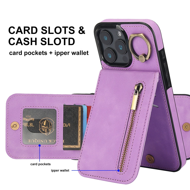 For iPhone 16 Pro Retro Ring and Zipper RFID Card Slot Phone Case(Purple) - iPhone 16 Pro Cases by buy2fix | Online Shopping UK | buy2fix