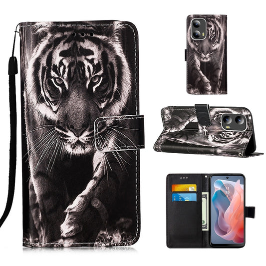 For Motorola Moto G Play 5G 2024 Colored Drawing Pattern Plain Weave Leather Phone Case(Black And White Tiger) - Motorola Cases by buy2fix | Online Shopping UK | buy2fix