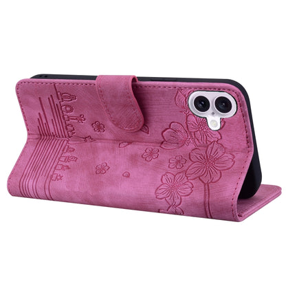 For iPhone 16 Cartoon Sakura Cat Embossed Leather Phone Case(Rose Red) - iPhone 16 Cases by buy2fix | Online Shopping UK | buy2fix