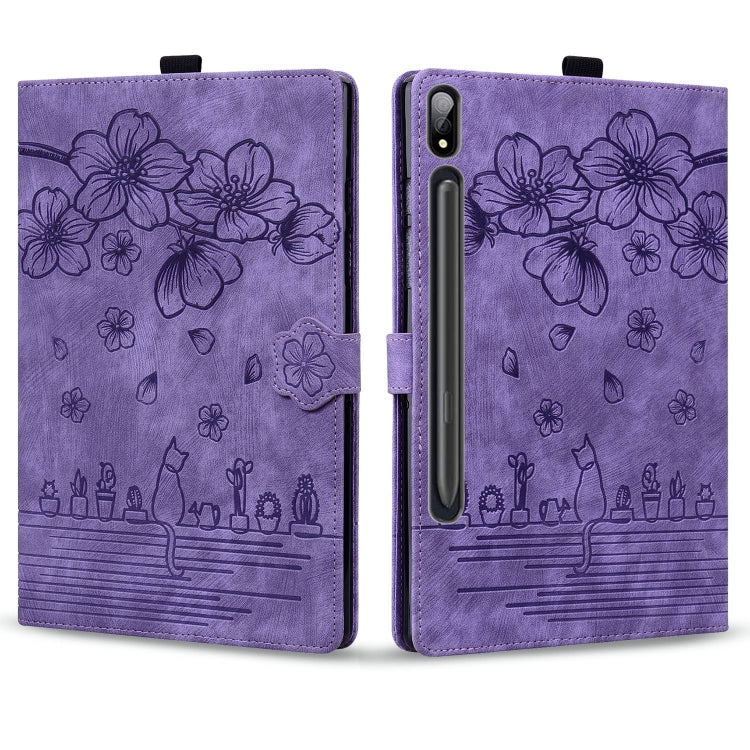 For Samsung Galaxy Tab S9 Ultra /S8 Ultra Cartoon Sakura Cat Embossed Leather Tablet Case(Purple) - Galaxy Tab S9 Ultra Cases by buy2fix | Online Shopping UK | buy2fix