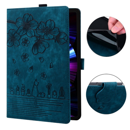 For Samsung Galaxy Tab S9 FE Cartoon Sakura Cat Embossed Leather Tablet Case(Blue) - Galaxy Tab S9 FE by buy2fix | Online Shopping UK | buy2fix