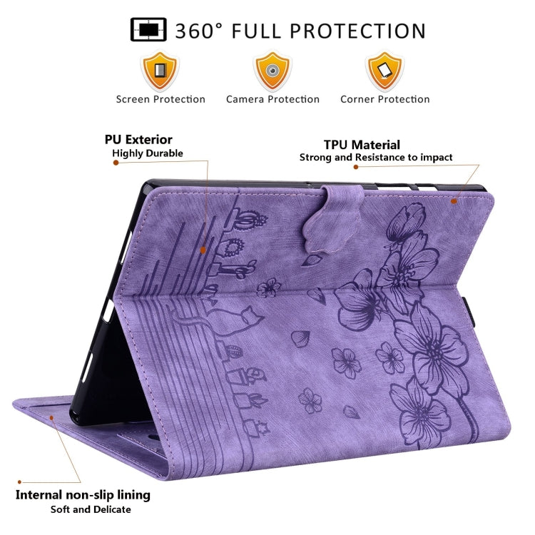 For Samsung Galaxy Tab S9 FE+ Cartoon Sakura Cat Embossed Leather Tablet Case(Purple) - Galaxy Tab S9 FE+ by buy2fix | Online Shopping UK | buy2fix