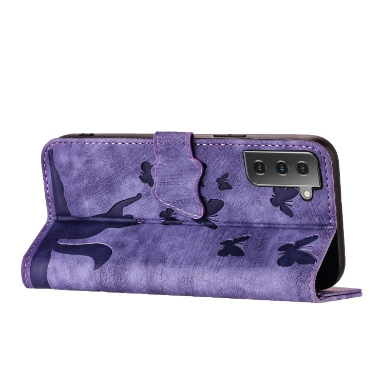 For Samsung Galaxy S22 5G Butterfly Cat Embossing Flip Leather Phone Case(Purple) - Galaxy S22 5G Cases by buy2fix | Online Shopping UK | buy2fix