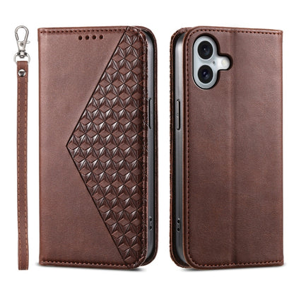 For iPhone 16 Plus Cubic Grid Calf Texture Magnetic Leather Phone Case(Brown) - iPhone 16 Plus Cases by buy2fix | Online Shopping UK | buy2fix