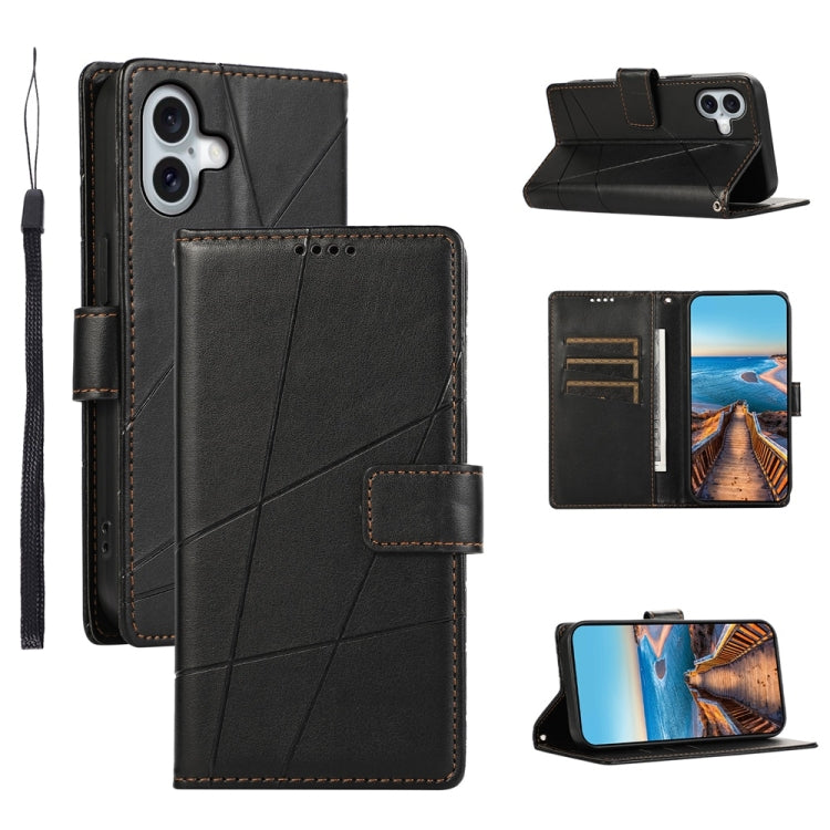 For iPhone 16 Plus PU Genuine Leather Texture Embossed Line Phone Case(Black) - iPhone 16 Plus Cases by buy2fix | Online Shopping UK | buy2fix