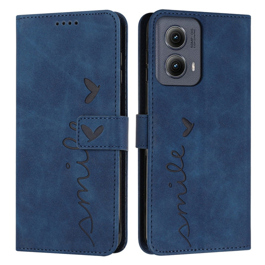 For Motorola Edge 5G 2024 Skin Feel Heart Embossed Leather Phone Case with Long Lanyard(Blue) - Motorola Cases by buy2fix | Online Shopping UK | buy2fix