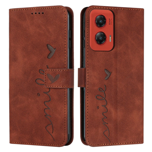 For Motorola Moto G Stylus 5G 2024 Skin Feel Heart Embossed Leather Phone Case with Long Lanyard(Brown) - Motorola Cases by buy2fix | Online Shopping UK | buy2fix