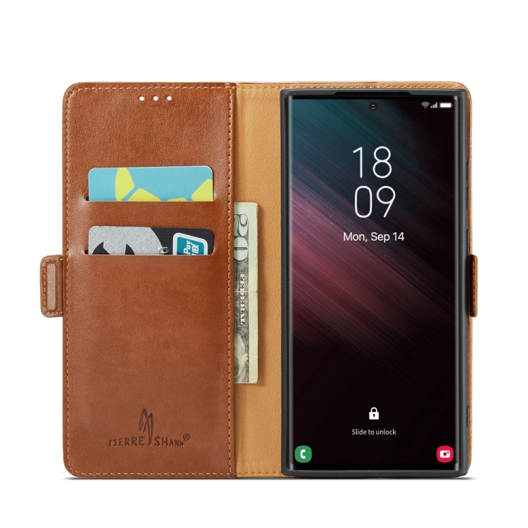 For Samsung Galaxy S24 Ultra 5G Fierre Shann PU Genuine Leather Texture Phone Case(Brown) - Galaxy S24 Ultra 5G Cases by FIERRE SHANN | Online Shopping UK | buy2fix