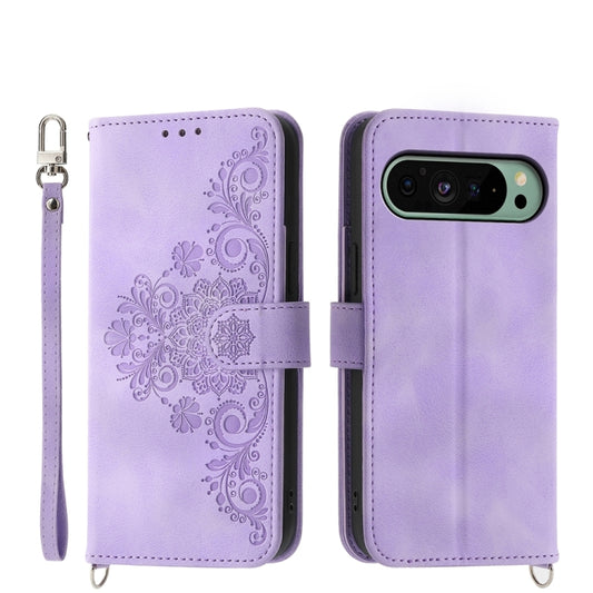 For Google Pixel 9 Skin-feel Flowers Embossed Wallet Leather Phone Case(Purple) - Google Cases by buy2fix | Online Shopping UK | buy2fix