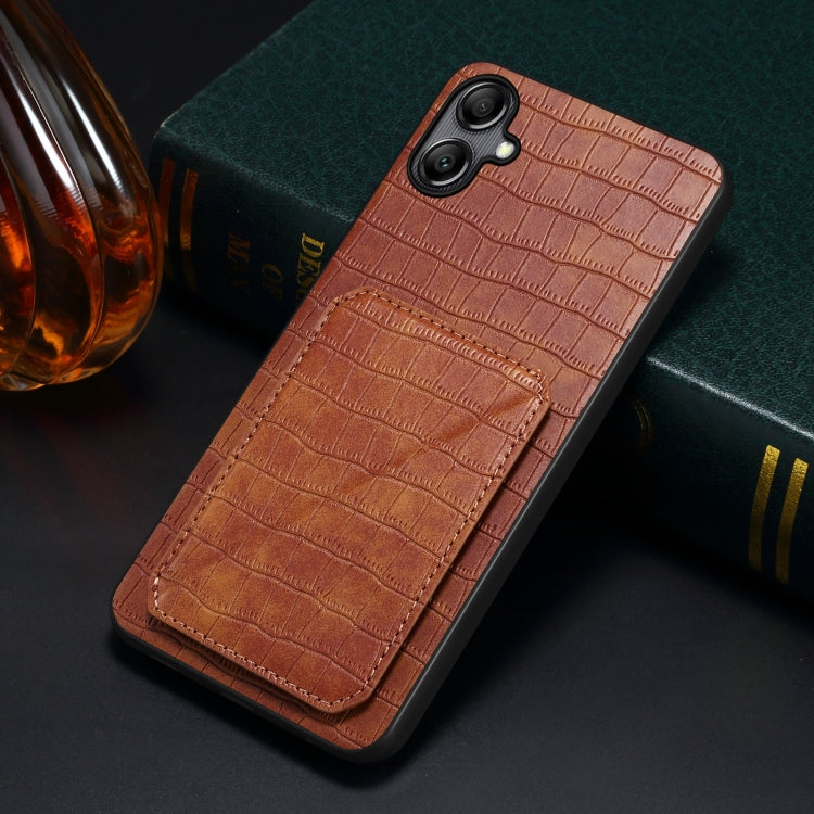 For Samsung Galaxy A22 5G Denior Imitation Crocodile Leather Back Phone Case with Holder(Brown) - Galaxy Phone Cases by Denior | Online Shopping UK | buy2fix