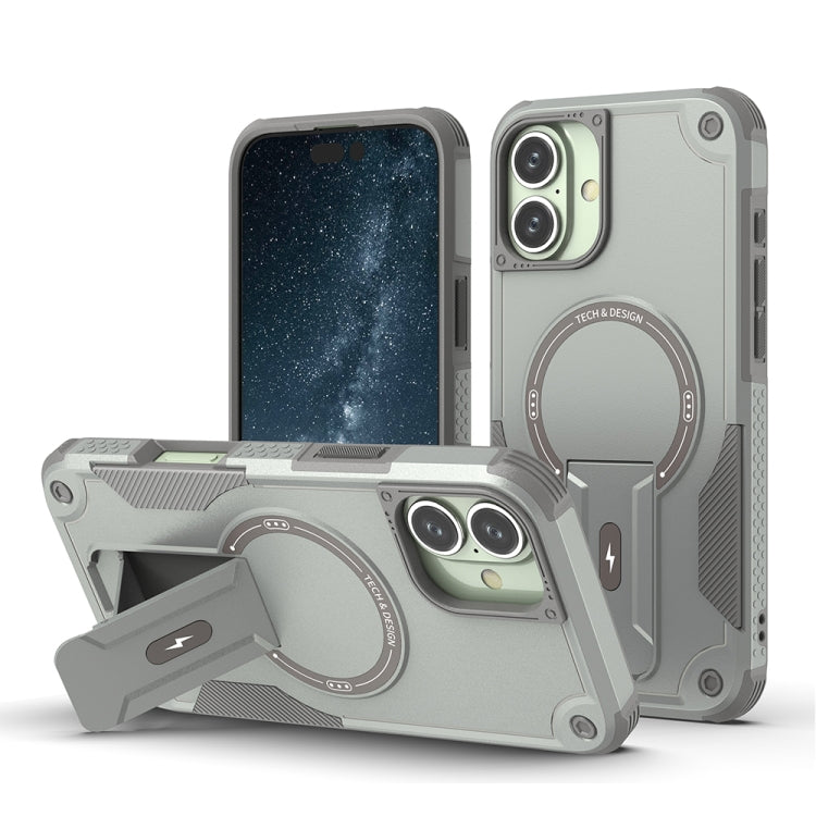 For iPhone 16 Plus Armor Magsafe Holder PC Hybrid TPU Phone Case(Grey) - iPhone 16 Plus Cases by buy2fix | Online Shopping UK | buy2fix