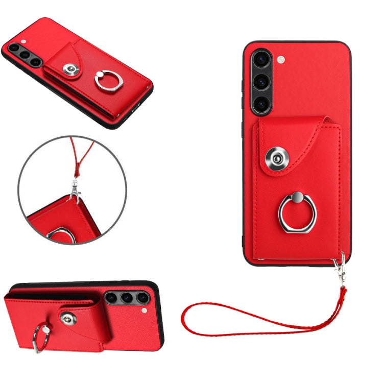 For Samsung Galaxy S23 5G Organ Card Bag Ring Holder PU Phone Case with Lanyard(Red) - Galaxy S23 5G Cases by buy2fix | Online Shopping UK | buy2fix