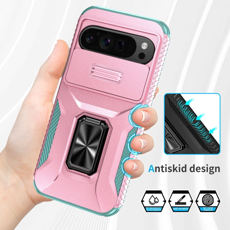 For Google Pixel 9 Pro XL Sliding Camshield Holder Phone Case(Pink + Grey Green) - Google Cases by buy2fix | Online Shopping UK | buy2fix