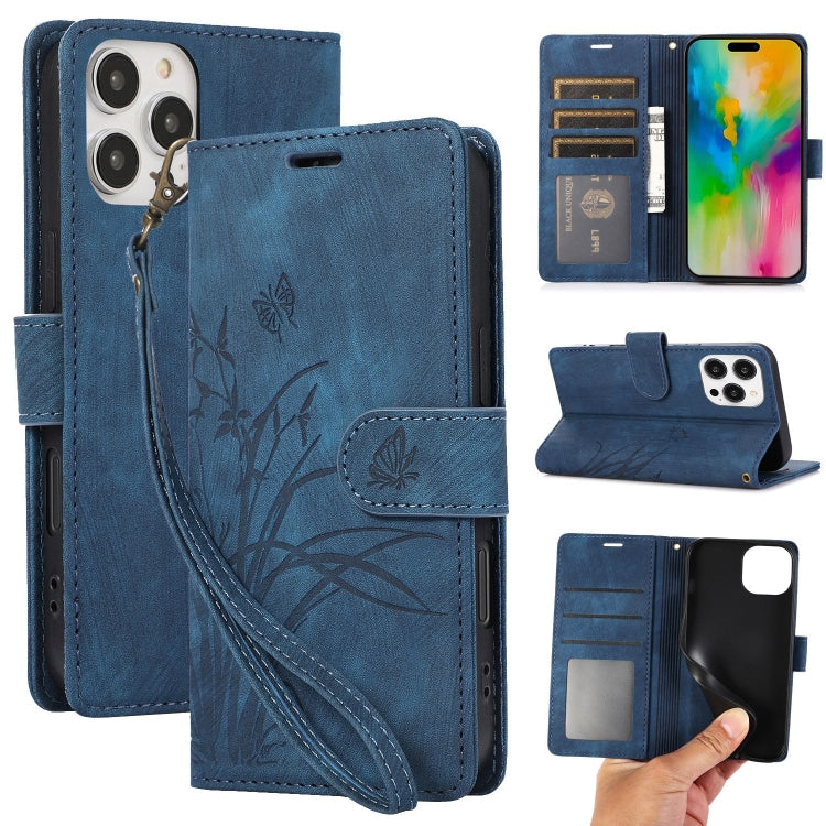 For iPhone 16 Pro Orchid Butterfly Embossed Leather Phone Case(Blue) - iPhone 16 Pro Cases by buy2fix | Online Shopping UK | buy2fix