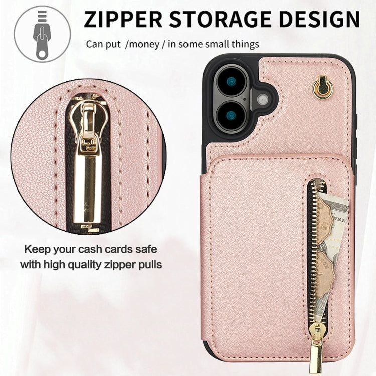 For iPhone 16 Plus YM006 Skin Feel Zipper Card Bag Phone Case with Dual Lanyard(Rose Gold) - iPhone 16 Plus Cases by buy2fix | Online Shopping UK | buy2fix