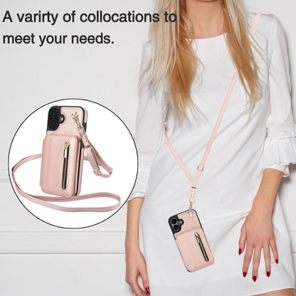 For iPhone 16 Plus YM006 Skin Feel Zipper Card Bag Phone Case with Dual Lanyard(Rose Gold) - iPhone 16 Plus Cases by buy2fix | Online Shopping UK | buy2fix