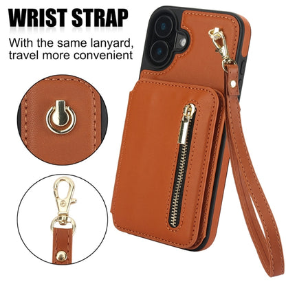 For iPhone 16 Plus YM006 Skin Feel Zipper Card Bag Phone Case with Dual Lanyard(Brown) - iPhone 16 Plus Cases by buy2fix | Online Shopping UK | buy2fix