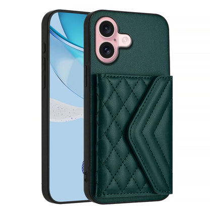 For iPhone 16 Rhombic Texture Card Bag RFID Phone Case with Long Lanyard(Green) - iPhone 16 Cases by buy2fix | Online Shopping UK | buy2fix