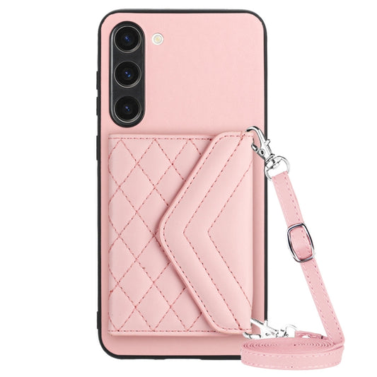 For Samsung Galaxy S23+ 5G Rhombic Texture Card Bag RFID Phone Case with Long Lanyard(Rose Gold) - Galaxy S23+ 5G Tempered Glass by buy2fix | Online Shopping UK | buy2fix