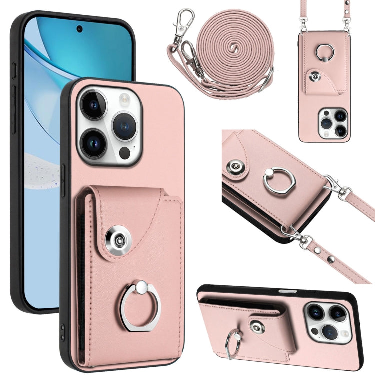 For iPhone 16 Pro Organ Card Bag Ring Holder Phone Case with Long Lanyard(Pink) - iPhone 16 Pro Cases by buy2fix | Online Shopping UK | buy2fix