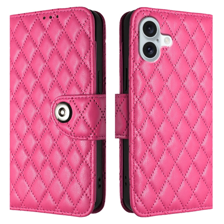 For iPhone 16 Plus Rhombic Texture Flip Leather Phone Case with Lanyard(Rose Red) - iPhone 16 Plus Cases by buy2fix | Online Shopping UK | buy2fix