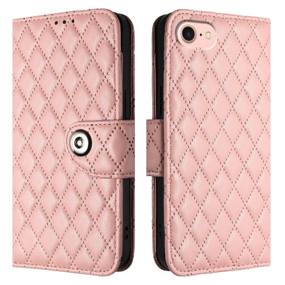 For iPhone SE 2024 Rhombic Texture Flip Leather Phone Case with Lanyard(Coral Pink) - More iPhone Cases by buy2fix | Online Shopping UK | buy2fix