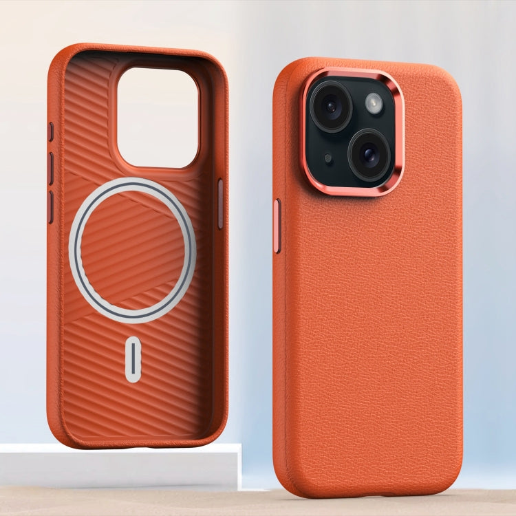 For iPhone 14 Metal Lens Frame Leather Magsafe Full Coverage Shockproof Phone Case(Orange) - iPhone 14 Cases by buy2fix | Online Shopping UK | buy2fix