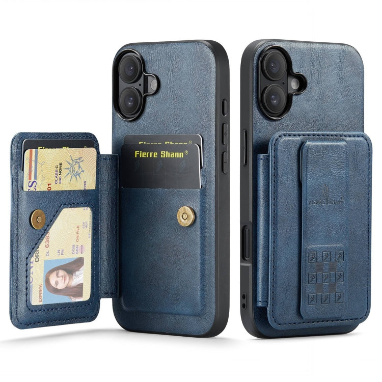 For iPhone 16 Fierre Shann Oil Wax Cow Leather Card Holder Back Phone Case(Blue) - iPhone 16 Cases by FIERRE SHANN | Online Shopping UK | buy2fix