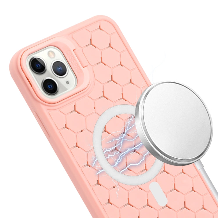 For iPhone 14 Pro Honeycomb Radiating Lens Holder Magsafe Phone Case with Lanyard(Pink) - iPhone 14 Pro Cases by buy2fix | Online Shopping UK | buy2fix