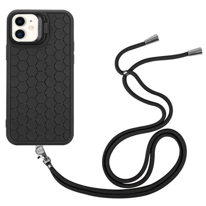 For iPhone 12 Honeycomb Radiating Lens Holder Magsafe Phone Case with Lanyard(Black) - iPhone 12 / 12 Pro Cases by buy2fix | Online Shopping UK | buy2fix