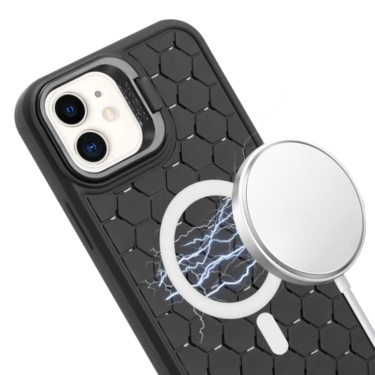 For iPhone 12 Honeycomb Radiating Lens Holder Magsafe Phone Case with Lanyard(Black) - iPhone 12 / 12 Pro Cases by buy2fix | Online Shopping UK | buy2fix