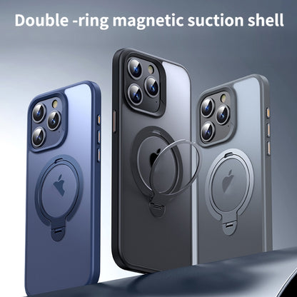 For iPhone 14 Pro Max Double Ring MagSafe Magnetic Holder Phone Case(Matte Blue) - iPhone 14 Pro Max Cases by buy2fix | Online Shopping UK | buy2fix