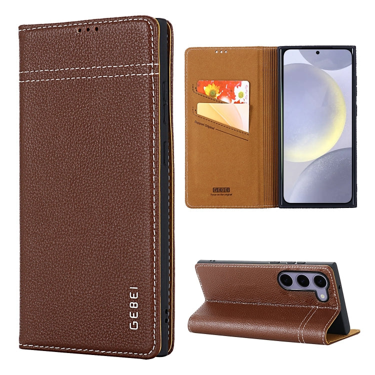 For Samsung Galaxy S24+ 5G GEBEI Top-grain Horizontal Flip Leather Phone Case(Brown) - Galaxy S24+ 5G Cases by GEBEI | Online Shopping UK | buy2fix