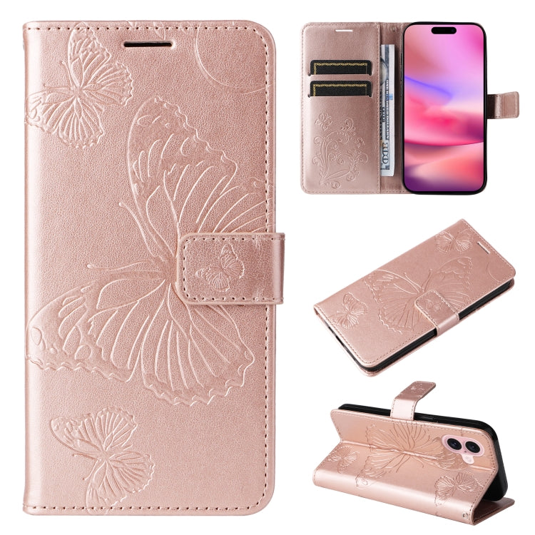 For iPhone 16 3D Butterfly Embossed Pattern Flip Leather Phone Case(Rose Gold) - iPhone 16 Cases by buy2fix | Online Shopping UK | buy2fix