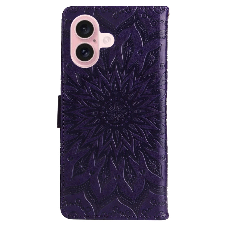 For iPhone 16 Embossed Sunflower Pattern Flip Leather Phone Case(Purple) - iPhone 16 Cases by buy2fix | Online Shopping UK | buy2fix