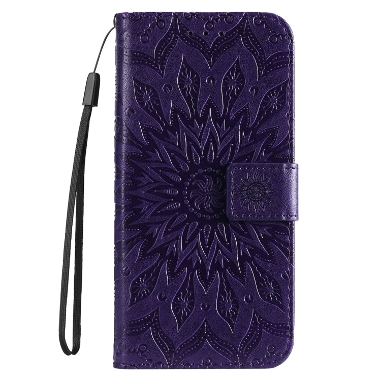 For iPhone 16 Plus Embossed Sunflower Pattern Flip Leather Phone Case(Purple) - iPhone 16 Plus Cases by buy2fix | Online Shopping UK | buy2fix