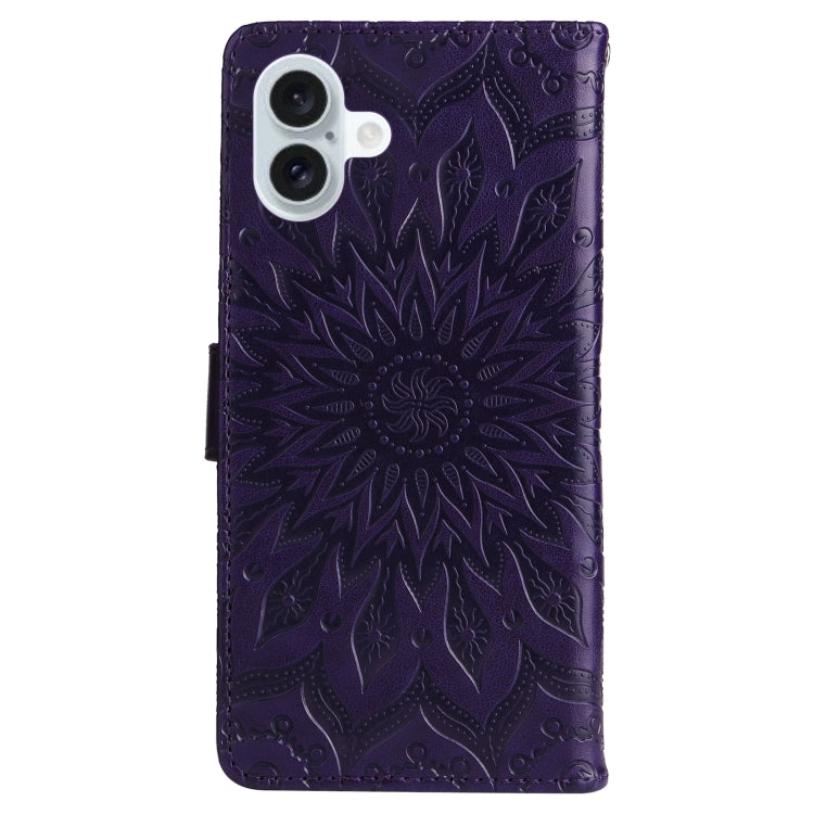 For iPhone 16 Plus Embossed Sunflower Pattern Flip Leather Phone Case(Purple) - iPhone 16 Plus Cases by buy2fix | Online Shopping UK | buy2fix