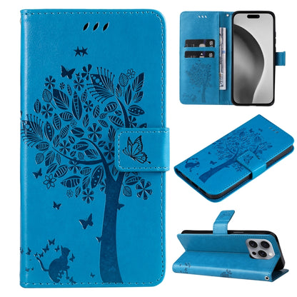 For iPhone 16 Pro Max Tree & Cat Embossed Pattern Flip Leather Phone Case(Blue) - iPhone 16 Pro Max Cases by buy2fix | Online Shopping UK | buy2fix