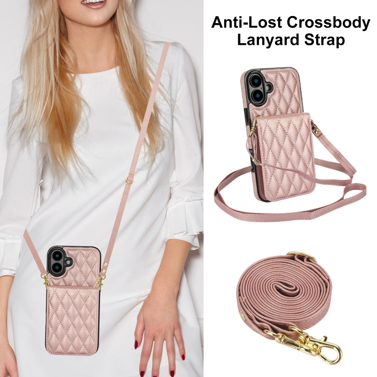 For iPhone 16 YM015 Crossbody Rhombic Card Bag RFID Phone Case(Rose Gold) - iPhone 16 Cases by buy2fix | Online Shopping UK | buy2fix