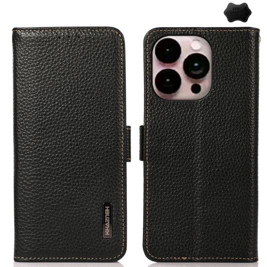 For iPhone 16 Pro KHAZNEH Side-Magnetic Litchi Genuine Leather RFID Case(Black) - iPhone 16 Pro Cases by buy2fix | Online Shopping UK | buy2fix