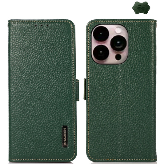 For iPhone 16 Pro KHAZNEH Side-Magnetic Litchi Genuine Leather RFID Case(Green) - iPhone 16 Pro Cases by buy2fix | Online Shopping UK | buy2fix