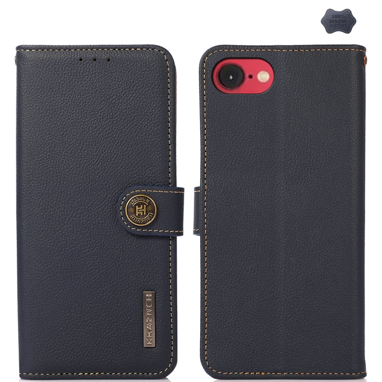 For iPhone 16e KHAZNEH Custer Genuine Leather RFID Phone Case(Blue) - iPhone 16e Cases by buy2fix | Online Shopping UK | buy2fix