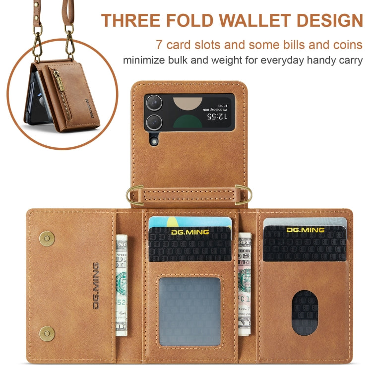 For Samsung Galaxy Z Flip3 5G DG.MING M5 Series Zip RFID Multi Card Detachable Leather Phone Case with Long Lanyard(Brown) - Galaxy Phone Cases by DG.MING | Online Shopping UK | buy2fix