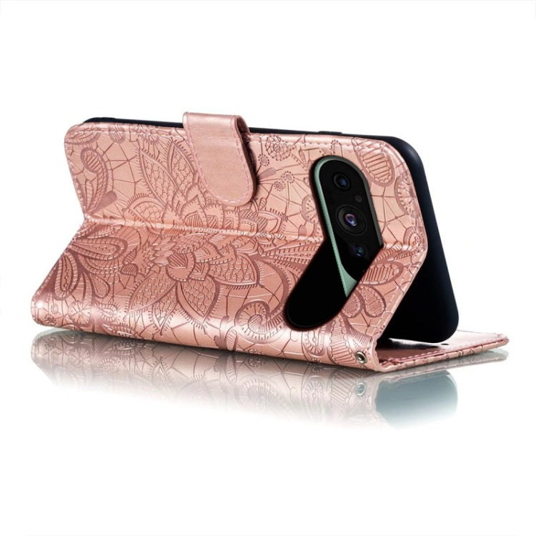 For Google Pixel 9 Lace Flower Embossing Flip Leather Phone Case(Rose Gold) - Google Cases by buy2fix | Online Shopping UK | buy2fix